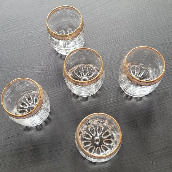 Vintage Pasabahce Gold Rimmed Roly Poly Low Ball Liquor Glasses Set Of 5 - Picture 1 of 13